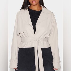 Plus Beige Rubberized Loose Fit Cropped Trench Coat